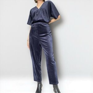Anthro Saturday/Sunday Velvet Velour V-Neck Jumpsuit Navy Blue Tapered Leg M